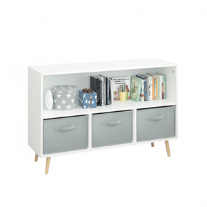 Bibliothèque pour enfants blanc-gris avec tiroirs en tissu, 2 étagères, style mid-century modern, présentoir à livres, armoire de rangement pour jouets - Product Image 1