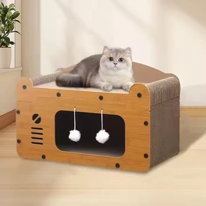 Venta caliente moderno interactivo nido gato árbol rascador cama de papel corrugado con nido cama gato rascador hecho de madera - Product Image 1