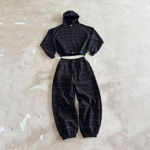 Ensemble de survêtement personnalisé avec logo, pantalon de <span class=keywords><strong>jogging</strong></span> ample et sweat à capuche zippé, design rayé, ensemble deux pièces uni - Product Image 1