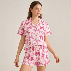 Ensemble de pyjama décontracté deux pièces pour femme à <span class=keywords><strong>manches</strong></span> <span class=keywords><strong>courtes</strong></span> en tissu tricoté doux avec taille élastique – Vente en gros - Product Image 2