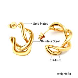 Joyería de Moda Estilo Americano Minimalista, Aros de Acero Inoxidable con Baño de Oro de 18K en Forma de C con Diseño de Cuerda Trenzada para Mujer - Product Image 2