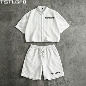 Conjunto de Camisa a Rayas Personalizada y Pantalones Cortos con Cordón, Transpirable, Estilo Urbano, Dos Piezas, Venta al Por Mayor - Product Image 1