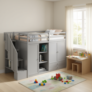 Lit mezzanine gris avec 3 étagères, 2 armoires, 2 tiroirs, échelle pour enfants, ensemble de rangement, design contemporain - Product Image 2