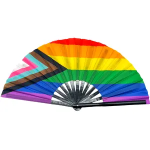 2023 Top Sale Quality Rainbow Hand Fan Custom Printed Bamboo Hand Fans Rave Fan for June Parade