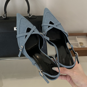 Sandalias de tacón fino de verano de alta calidad, diseño de mezclilla con espalda abierta y punta, a la moda y elegantes. - Product Image 3