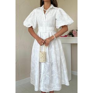 Robe blanche plissée coupe trapèze à manches ballon, col rond, taille naturelle, en tissu tissé, pour usage quotidien décontracté - Product Image 2