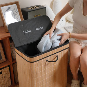 <span class=keywords><strong>Panier</strong></span> à <span class=keywords><strong>linge</strong></span> pliable en bambou avec <span class=keywords><strong>deux</strong></span> <span class=keywords><strong>compartiments</strong></span>, grande capacité, bac de rangement pour vêtements sales, organisation domestique avec couvercle - Product Image 6