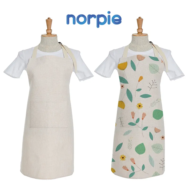 Delantal de lino ajustable para adultos, mandil con Logo personalizado, sublimación, color blanco, para el hogar, cocina, con bolsillo