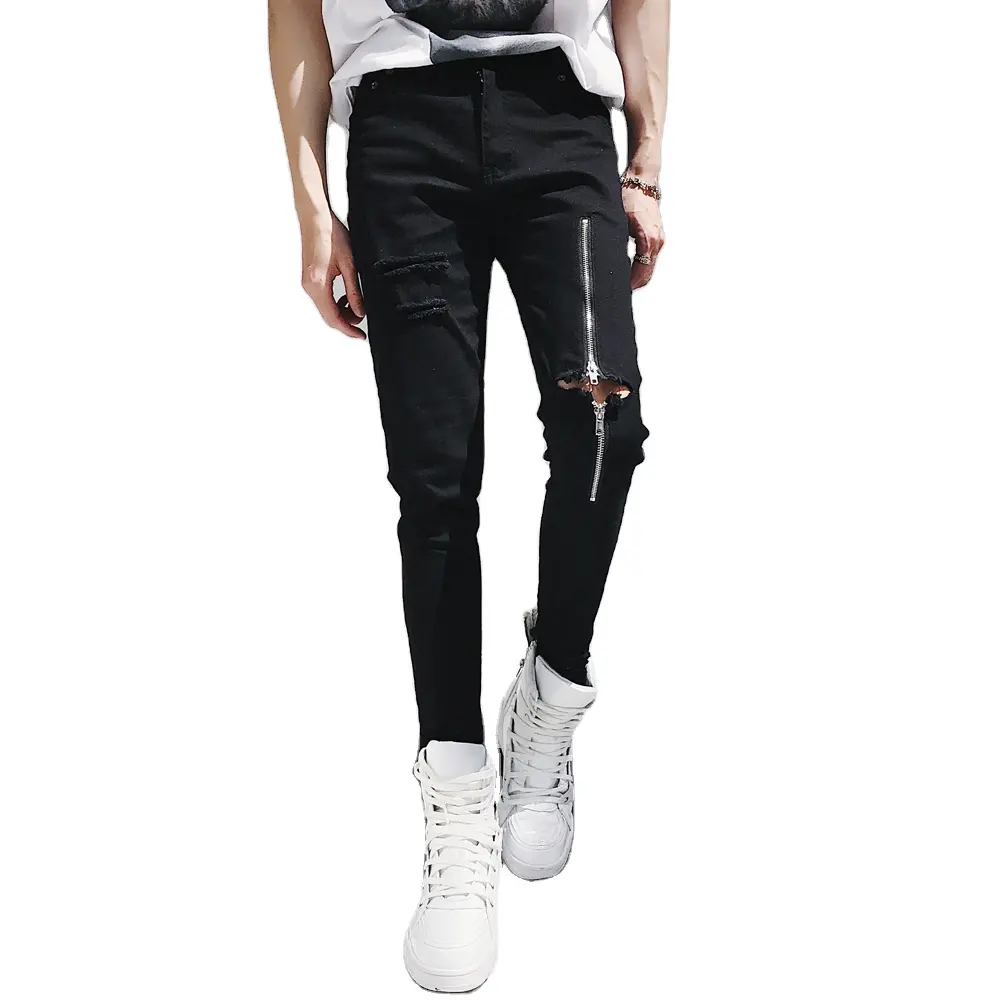 New Arrival zerrissene Jeans Männer dünn Destroyed Knee Leg Zippers Biker Jeans schwarz weiß Jogger hose