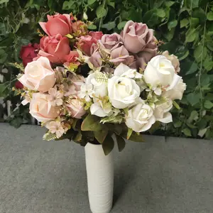 批发11头人造银河玫瑰花，用于家庭摄影和婚礼玫瑰装饰