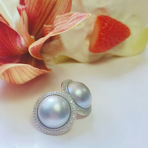 Pendientes de perlas de Tahití de plata S925 chapados en platino, pendientes redondos de 16mm con halo de diamantes para mujer, joyería de boda de lujo - Product Image 2
