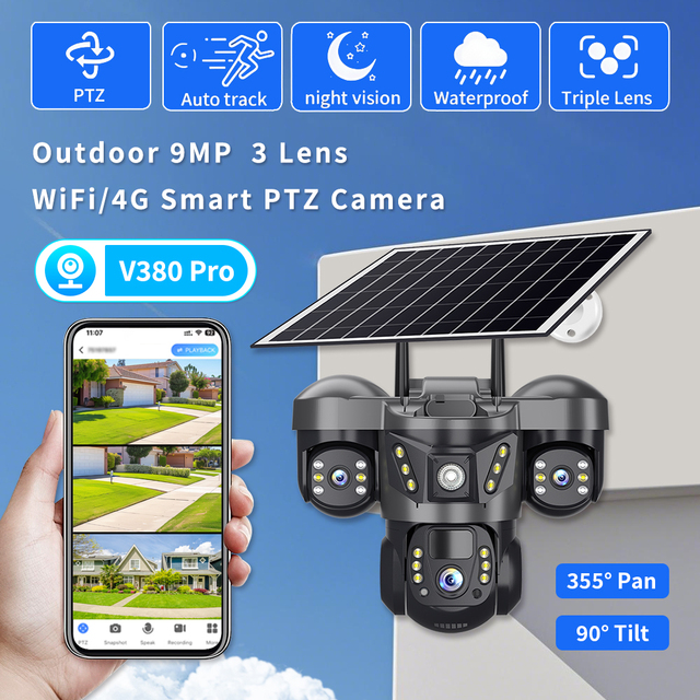 V380 4G Solar CCTV Camera Outdoor Security 3 Lens 9MP CMOS Sensor Cloud Storage IP66 Waterproof Two-Way Audio Home Surveillance