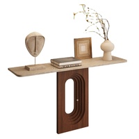 Meuble de salon, table rectangulaire en marbre beige travertin à base empilée étroite et longue, table console moderne