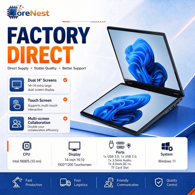 CoreNest 14 Inch Dual Screen Laptop Intel Celeron N6805 8GB 16GB 32GB RAM Dual Touch Screen YOGA 2-in-1 Foldable Business Laptop