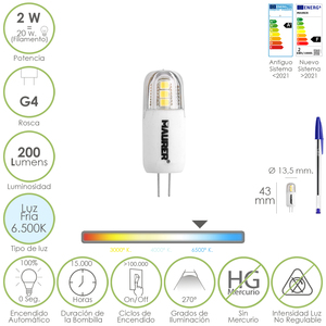Bombilla LED Dicroica G4 de Rosca 2 vatios. Equivalente a 20 vatios. 200 lúmenes. Blanco Frío (6500K) - Product Image 1