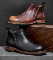 Sepatu Chelsea Pria Kulit Sapi Asli Anti-Selip Anti-Guncangan Model Retro Kasual