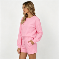Ensemble sweat-shirt et short rose à col rond pour femme, manches longues, mélange de coton, tenue décontractée d'été, deux pièces, couleur unie