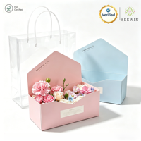 Ensemble d'emballage floral et cadeau portable avec poignée, boîte à fleurs transparente rose/bleue pour la Saint-Valentin, la fête des mères