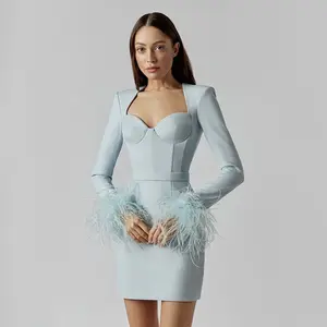 FD2565 Factory Direct Hot Sale Elegant Luxury Mini Short Bodycon Dress Long Sleeve Feather Bandage Dresses