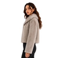 Veste Courte Femme en Fausse Fourrure Taupe, Col Oversize en Peluche, Coupe Boxy, Chaude pour l'Hiver, Écologique, Vente en Gros