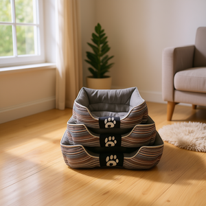 Cucce per Animali Domestici Quadrate in Tessuto di Cotone a Righe e Peluche Grigie - Product Image 3