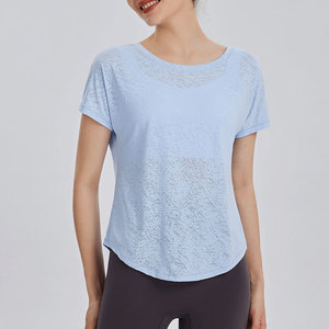 Wholesale Women's Textured Tieable Open Back Yoga Top Loose Quick Dry Workout Shirt Breathable Athletic Wear Running Gym Shirt - Product Image 3