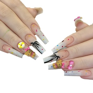 <span class=keywords><strong>Uñas</strong></span> Postizas Blancas Nude Hechas a Mano con Temática <span class=keywords><strong>de</strong></span> Verano, con Adornos 3D <span class=keywords><strong>de</strong></span> Gatito, Palmera y Donut para Vacaciones en la Playa - Product Image 5