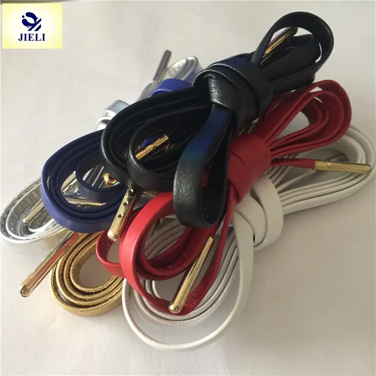 Jieli flat leather shoe lace leather laces with metal aglets for sale