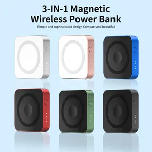 Power Bank nirkabel semua dalam satu, Bank daya nirkabel pengisian cepat dengan USB Tipe C port Input dudukan magnetik untuk ponsel pintar iWatch earbud