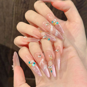 Unghie Finte Rosa Stile Francese a Piede di Gallina con Piccole Perle, Unghie Artificiali Lunghe a Stiletto Press-on - Product Image 2