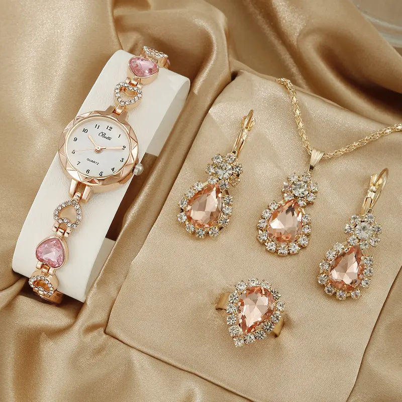 Moda lüks tam kristal saat kadınlar için kolye küpe yüzük seti Rhinestone kol kadın seti hediye