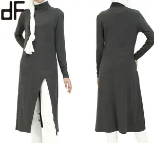 Day Look Fashion Customized Islamic Clothing Muslim Ladies Turtleneck Front Slit Tunic Tops Cotton Muslim Women Blouse