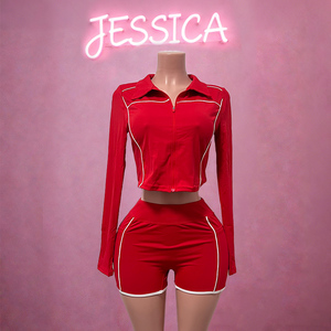 E5103-2026 Nuovi Arrivi Moda Slim Fit Top con Zip a Manica Lunga e Tasche per i Pollici + Pantaloncini Set 2 Pezzi per Donna - Product Image 2