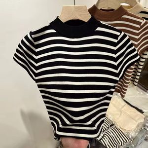 Wholesale Women's Half Turtleneck Striped Short Sleeve Crop Top Slim Fit <b>Soft</b> Breathable Knitted Blouse Casual Wear Multi-Color - Product Image 2