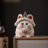 Petite figurine en céramique style chinois, Danse du lion et Chat porte-bonheur, Décoration mignonne pour salon, bureau et voiture