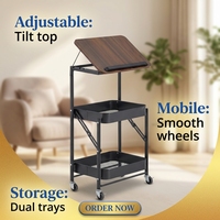 Chariot utilitaire roulant personnalisé ODM avec plateau inclinable imitation bois et panier de rangement en métal grillagé pour la maison, le bureau et les approvisionnements en gros