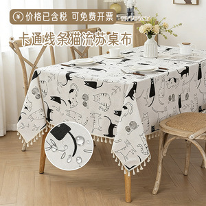 Skline Cat Tassel <b>Tablecloth</b> <b>Rectangle</b> Cotton Linen Printed Cartoon Home Decorative <b>Tablecloth</b> For Coffee Table - Product Image 3