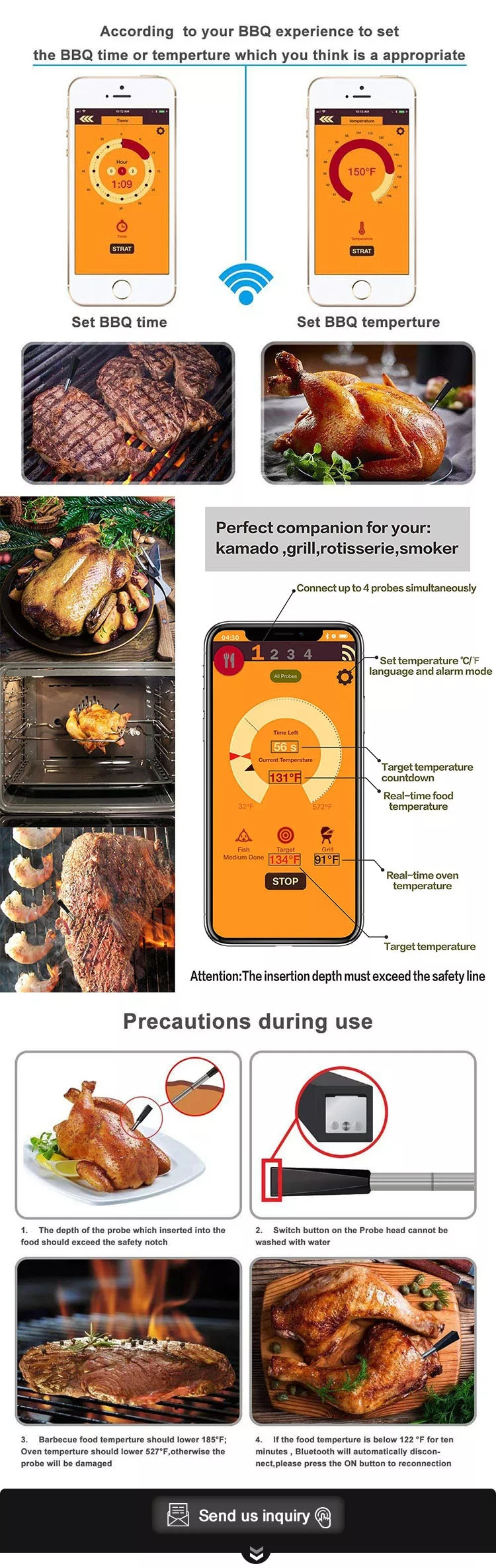 Wireless Meat Food Thermometer for Oven Grill BBQ Smoker Kitchen Digital Blue tooth Barbecue Accessories