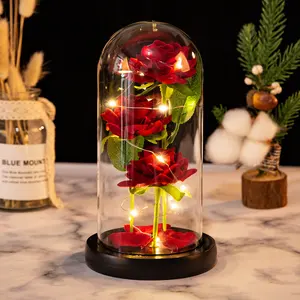 Mothers Day Mom Gifts Artificial Flower Black Wooden Base Led Light Wrist Corsage Flower Ball Red Silk Galaxy Rose In Glass Dome