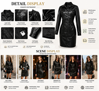 Damen Kunstleder Bodycon Minikleid mit Kragen Cargo-Tasche Langarm-Hemd Knitterfreie Puffärmel Nachtclub-Party Maßanfertigung