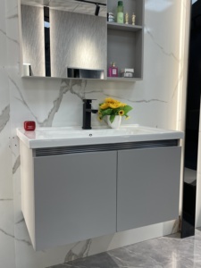 Meuble-lavabo moderne en acier inoxydable <span class=keywords><strong>avec</strong></span> portes gris mat, <span class=keywords><strong>armoire</strong></span> <span class=keywords><strong>murale</strong></span> et miroir carré pour appartement moderne - Product Image 6