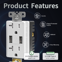 5.0A 20Amp 125V prise de chargeur de sortie USB prise murale électrique domestique avec prise USB type-a UL listée inviolable prise USB résistante