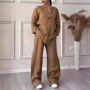 Ensemble en coton et lin pour femmes, hauts amples, pantalons à jambes larges, couleur unie, tailles SMLXL2XL3XL4XL5XL, coupe européenne et américaine - Product Image 3