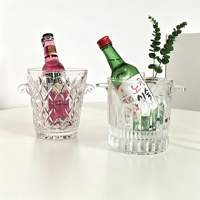 Seau à glace cylindrique en verre cannelé transparent avec deux poignées pour vin, champagne, soju – Idéal pour la maison, le bar ou la table