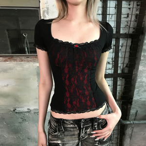 T-shirt pour femme style gothique sombre, patchwork de dentelle, color block, col carré, manches bouffantes, mode estivale, haut rétro de niche avec nœud - Product Image 4