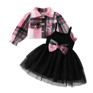 ชุดเซ็ตสองชิ้น เสื้อแจ็คเก็ตผ้าฝ้ายแขนพองลายตารางสำหรับเด็ก ฤดูใบไม้ผลิ/ฤดูใบไม้ร่วง พร้อมสายคล้องคอ ชุดเดรสแต่งงานลายผีเสื้อ พร้อมที่คาดผม - Product Image 5