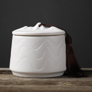 MSH Mountain Shape Lid Matte Ceramic Tea Canister with Embossed Wave Pattern and Tassel Decor Airtight Zen Style Storage Jar - Product Image 2
