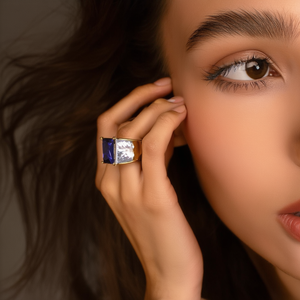 แหวนแฟชั่น สแตนเลสสตีล 316L ชุบทอง PVD ประดับพลอยสีน้ำเงินทรงสี่เหลี่ยม ปรับขนาดได้ เครื่องประดับสำหรับผู้หญิง - Product Image 3