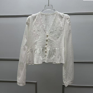 Blusa Elegante de Fiesta para Mujer, Estilo Vintage de Alta Gama, Cuello en V, Manga Larga, Corta, Transpirable, con Encaje Calado, Plisado y Jacquard - Product Image 1