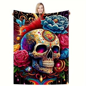 Wholesale Colorful Skull Floral Print Throw <b>Blanket</b> Rectangular Flannel <b>Blanket</b> Decoration Four Seasons Use - Product Image 1